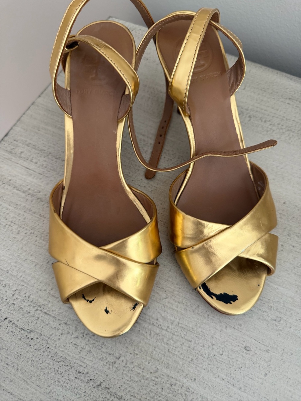 Tory Burch Metallic Gold Crisscross Ankle-Strap Heels